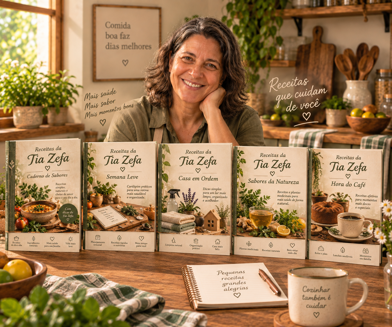 Tia Zefa com a coleção completa de materiais