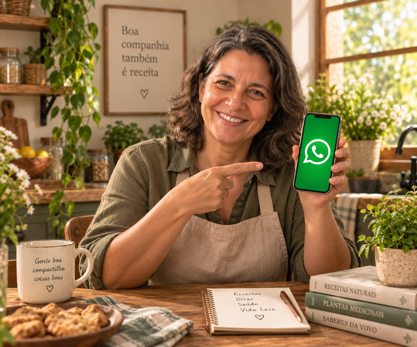 Tia Zefa mostrando o WhatsApp em sua cozinha