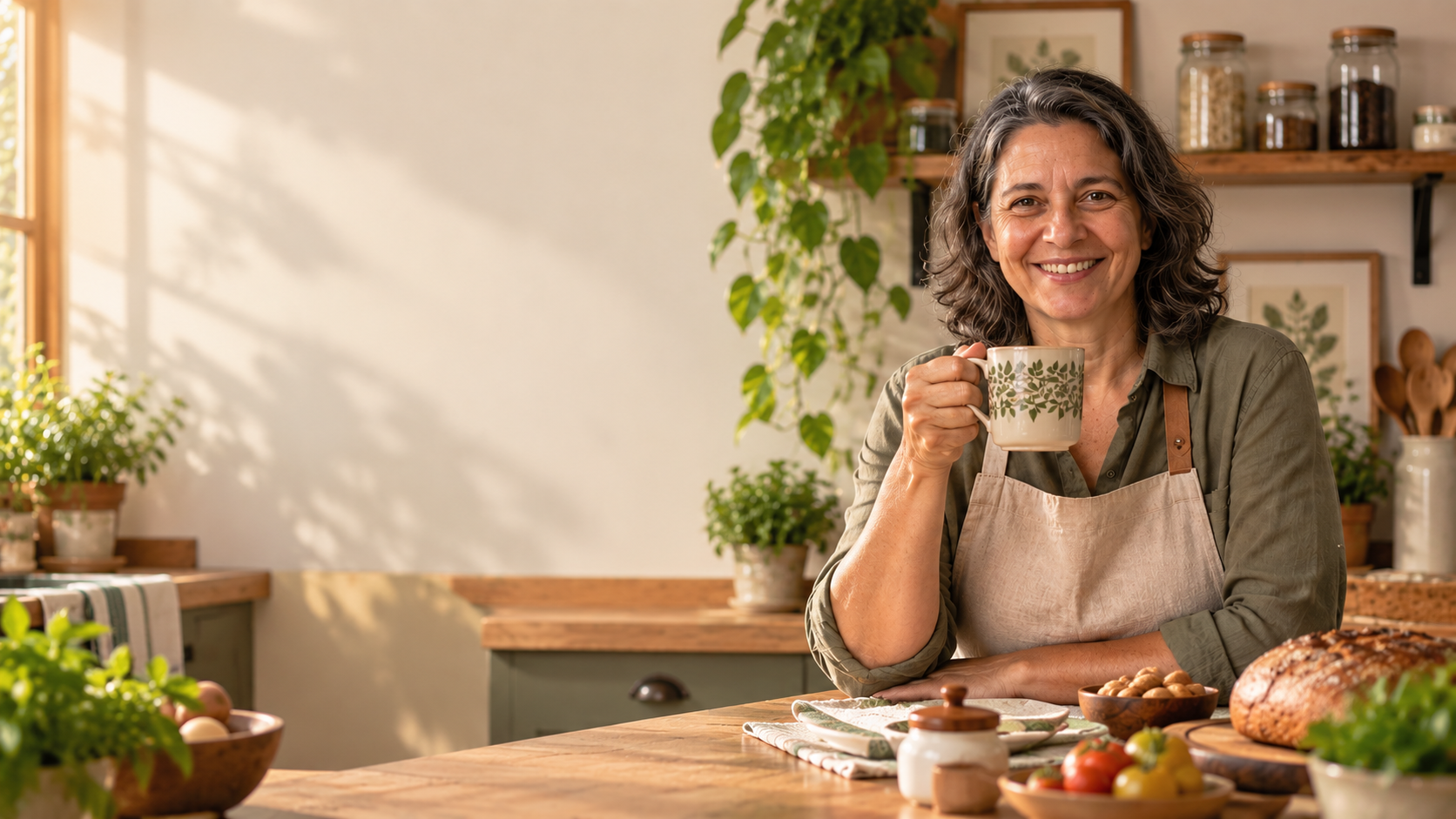Tia Zefa sorrindo em sua cozinha, segurando uma xícara de café